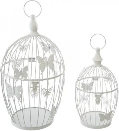 Vogelkooitjes - Witte decoratieve metalen vogelkooien met vlinders ornament - maat Small & Medium - 2 stuks