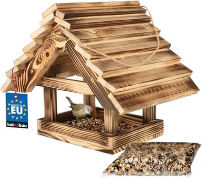 Vogelvoederstation van verbrand hout met gratis vogelvoer 0,5 kg