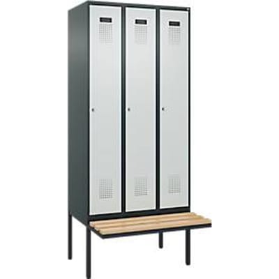 C+P Evolo Plus garderobekast, 3 vakken van elk 300 mm breed, zwevende bank, B 900 x D 815 x H 2120 mm, cilinder, antracietgrijs/lichtgrijs