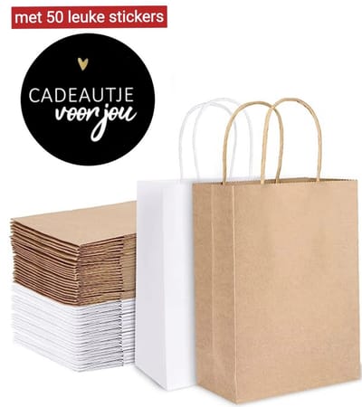 50 x papieren draagtassen Van Kraftpapier bruin en wit Met Gevlochten Oren 18x8x22cm en stickers cadeautje voor jou / Kraft Papieren Tasjes Rood Met Handvat/ Cadeautasjes met gedraaid handgrepen / Zakjes/
