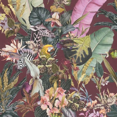 Dieren patroon behang Profhome 381765-GU glad vliesbehang zonder structuur in jungle stijl mat rood roze groen geel 5,33 m2
