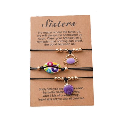 Vriendschapsarmbandjes voor 3 met Krab & Schelpjes - Zon & Strand Paars - Zwarte Bandjes - BFF Armbandjes op Cadeau kaartje - Pax Amare