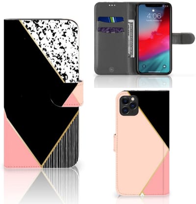 Apple iPhone 11 Pro Max Book Case Zwart Roze Vormen
