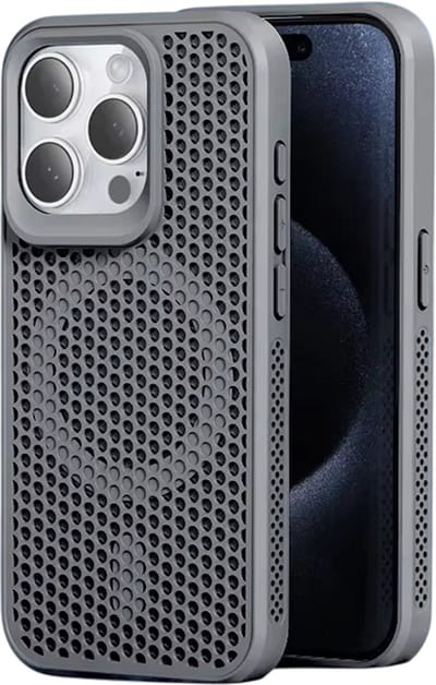 Koelend Telefoonhoesje geschikt voor iPhone 17 – Ademend Hardcase Telefoon Case, Warmteafvoer, Anti-Oververhitting & Beschermend Design-Grijs