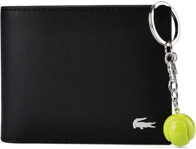 LACOSTE Leren portemonnee sleutelhanger Billfold Key Ring Box Noir KR Ball Jaune Flou zwart