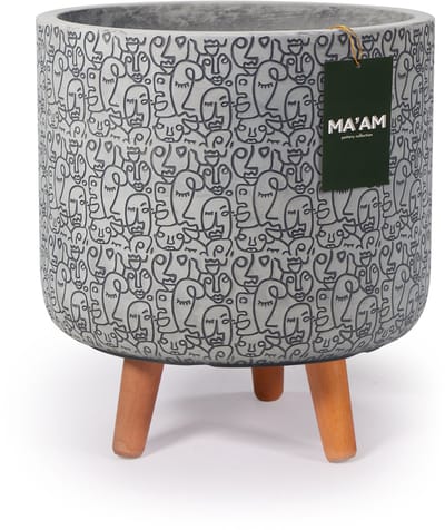 MA'AM Pottery Lian bloempot op poten met artistiek face design - D21xH17 (+10cm houten poten) - wit/licht grijs