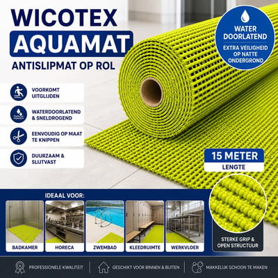 Wicotex - Aquamat Antislipmat op Rol – 15 meter – Waterdoorlatende Vloermat – Op Maat te Knippen – Voor Badkamer, Horeca, Keuken en Zwembad- Kleur - Lime
