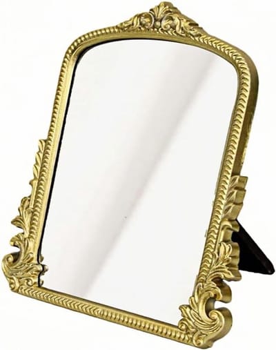 Vintage Champagne Gouden Tafelspiegel met Boogvormig Harsframe - Decoratieve Make-up Spiegel