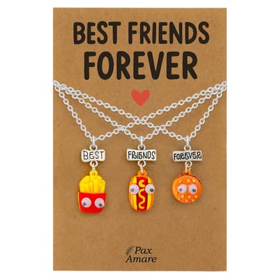 BFF Ketting voor 3 'Best Friends Forever' - Fast Food Friends - Vriendschapsketting op Cadeau Kaartje - 45cm + 5cm verstelbaar - Zilverkleurig - Best Friends Hanger - Pax Amare