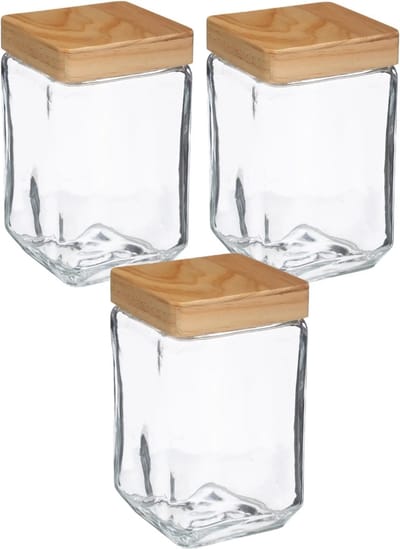 5Five voedsel/spullen voorraadpot - 3x stuks - Glas met houten deksel - 1700 ml - Met luchtdichte sluiting