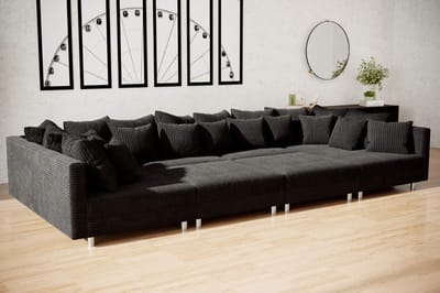hoebank denver xxl- corduroy zwart- met 2 poefs (hocker) - hoeksalon denver wooneiland- zetelsenbedden