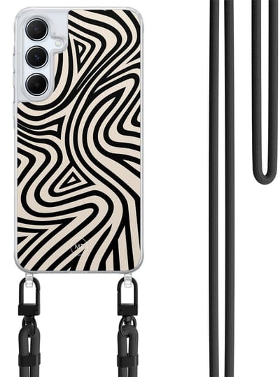 Hoesje met koord geschikt voor Samsung Galaxy A15 - Groovy lines - Inclusief Zwart koord - Crossbody beschermhoes - Transparant, Zwart - Mooie Telefoonhoesjes
