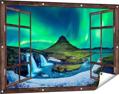Gards Tuinposter Doorkijk Noorderlicht bij de Watervallen in IJsland - 120x80 cm - Tuindoek - Tuindecoratie - Wanddecoratie buiten - Tuinschilderij