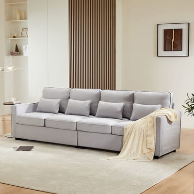 KOMHTOM 4-zitsbank met armleuningzakken en 4 kussens voor woonkamer flat office Linnen stof Grijs