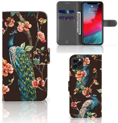 Boekhoesje voor Apple iPhone 11 Pro Max Telefoonhoesje met Pasjes Pauw met Bloemen