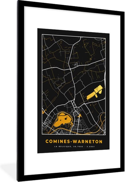 Fotolijst incl. Poster - Comines-Warneton - Plattegrond - Kaart - Goud - Stadskaart - 60x90 cm - Posterlijst