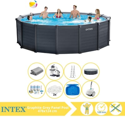 Intex Graphite Gray Panel Zwembad - Opzetzwembad - 478x124 cm - Inclusief Onderhoudspakket, Filterbollen, Zwembad Stofzuiger en Voetenbad