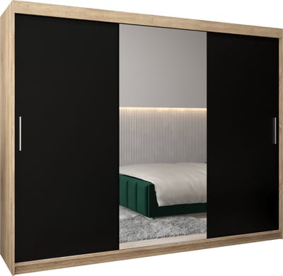 InspireMe - Kledingkast met 3 schuifdeuren, Modern-stijl, Kledingkast met planken (BxHxD): 250x200x62 - TORM I 250 Sonoma Eik + Zwart Mat