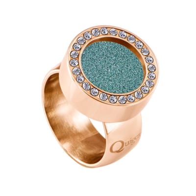 Quiges RVS Schroefsysteem Ring met Zirkonia Rosékleurig Glans 16mm met Verwisselbare Glitter Turkoois 12mm Mini Munt
