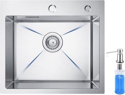 CECIPA max Spoelbak Keuken 50 x 45 CM - Spoelbak Met Kraangat en Met Zeepdispenser 300ML - Enkele Spoelbak - Spoelbakken met afdruip - Wasbak met waterafvoersysteem - RVS