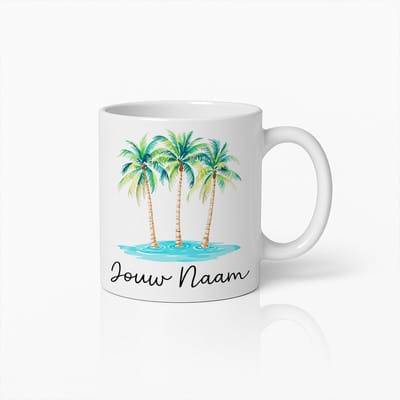 Gepersonaliseerde Mok met Tropische Palmboom en Naam – Zomerse Sfeer Koffiebeker