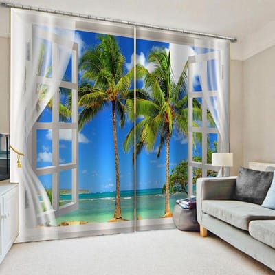 Natuur Verkopen Zeezijde Strand Scène 3D Oceaan Landschap Moderne Raamgordijnen voor Woonkamer Slaapkamer Decor 2 Stuks W50xH130(CM)x2pcs&HOOK