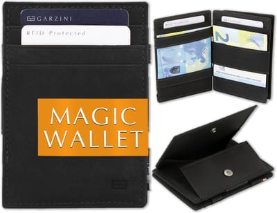 Garzini Portemonnee Heren, Leren Pasjeshouder RFID, Kaarthouder voor 7 Pasjes, Compacte Magic Wallet, Echt Leer Portefeuille met Muntvak, Zwart