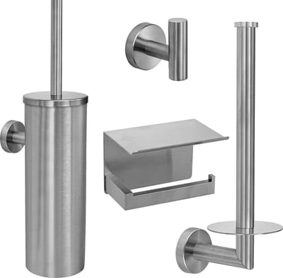VDN Stainless Toiletaccessoireset zilver 4-delig - Geborsteld RVS - Toiletborstelhouder - Toiletrolhouder met plankje - Handdoekhaakje - Reserverolhouder