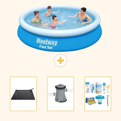 Bestway Rond Opblaasbaar Fast Set Zwembad - 366 x 76 cm - Blauw - Inclusief Solar Mat - Zwembadfilterpomp - Onderhoudspakket - 4-delig