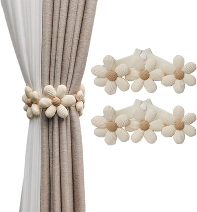 Gordijnstrikken - bloemengordijngespen - Met verstelbare drukknopen - schattige Gordijnhouder - Gordijnstrik met 3 bloemen, decoratief touw voor slaapkamerraamdecoratie - 2 stuks（Wit）43cm