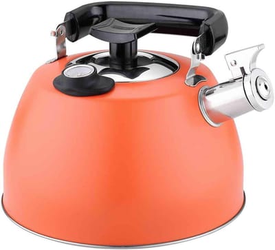 Theeketel met thermometer - Fluitketel RVS - Precies water koken - Opvouwbaar handvat - 3.5L - Oranje
