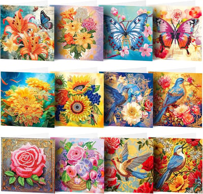 BOTC Diamond Painting Volwassenen en Kinderen - Wenskaarten Set - Set van 12 stuks - Vlinders en bloemen