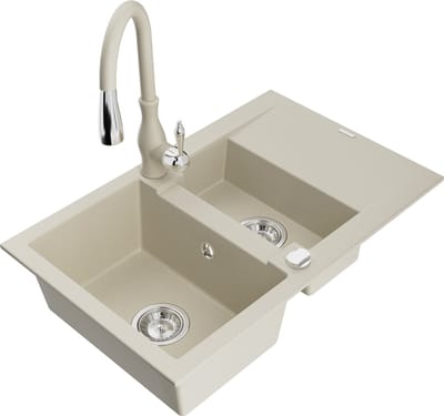 Mexen Gaspar granieten spoelbak 1,5-komorige met afdruiprek en keukenmengkraan Savita, beige - 6507-69-672601-69