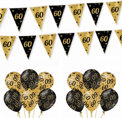 60 Jaar Versiering Classy Black-Gold Feestpakket - 60 Jaar Decoratie - Ballonnen En Slingers Zwart Goud