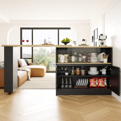 MODFU Draaibare eet-/barkast 360° met glazen schuifdeur, MDF zwart, 90×45×100cm, 60 kg draagvermogen