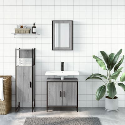 vidaXL - 3-delige - Badkamermeubelset - bewerkt - hout - grijs - sonoma - eikenkleur