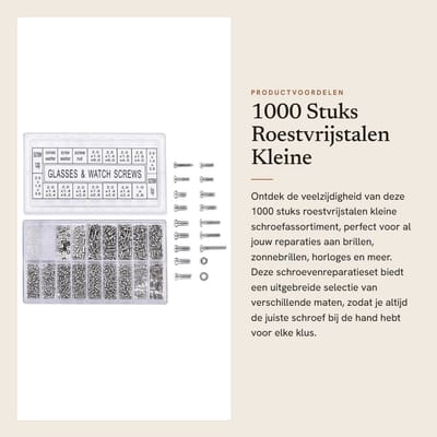 Dailygoods- Schroevenreparatieset 1000 Stuks - Schroevenset - Roestvrij Staal - Voor Brillen/Horloges - Diverse Maten - Inclusief Moeren/Afdichtingen - Schroeven