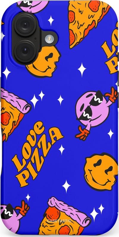 Casetastic hoesje geschikt voor Apple iPhone 16 - MagSafe - Dubbellaagse bescherming - Funky Pizza - Fashion Case - Paars Okergeel Donkerblauw Bruin