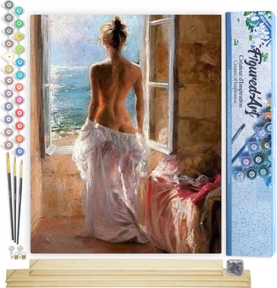 Figured'Art Schilderen op Nummer Volwassenen canvas Naakte vrouw en zon - Handwerk acrylverf Kit DIY Compleet - 40x50cm met DIY houten lijst