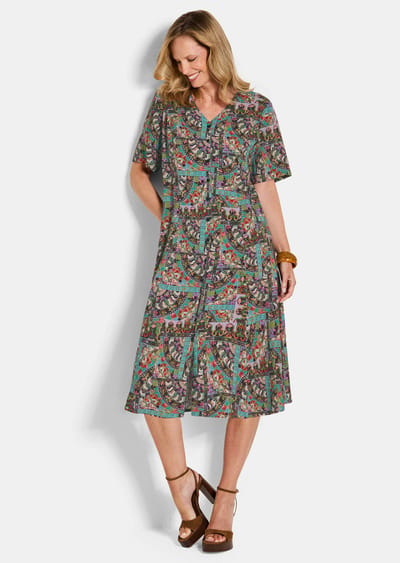 Kleurrijke jurk van pure viscose - meerkleurig / gedess. - Gr. 19 van Goldner Fashion