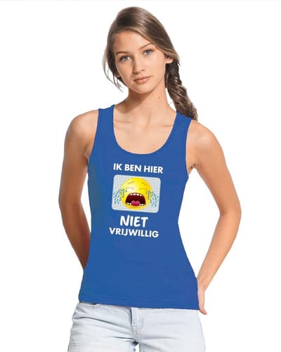 Blauw mouwloos feest shirt/ tanktop - Ik ben hier niet vrijwillig met emoticon voor dames S