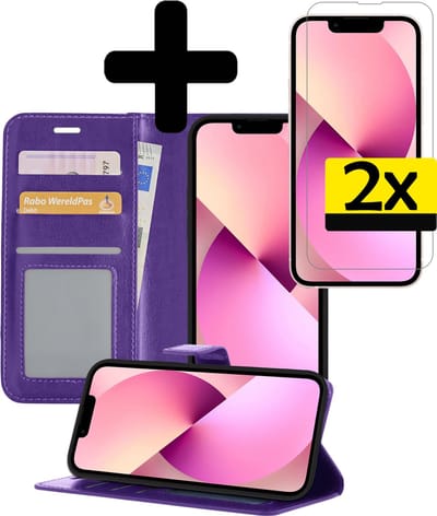 Hoesje - Met 2x Screenprotector - Geschikt voor Apple iPhone 14 Pro - Luxe Pasjeshouder - Bookcase Portemonee - Flip Case - Kunstleer Book Case - Flipcase Hoes - Book Cover - Walletcase - Portemonneehoes - Telefoonhoesjes - Paars