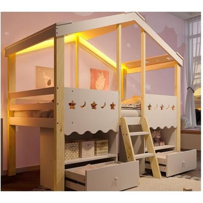 ModernLuxe Kinderhuisbed 90×200 cm - huisvorm - met 2 laden - met LED-lichtstrip - wit + naturel (matras niet inbegrepen)