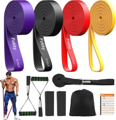 Weerstandsbandenset - 4 weerstandsniveaus - fitnessbanden met deuranker - handgrepen - beschermhoes - draagtas - trainingshandleiding - stretching - yoga