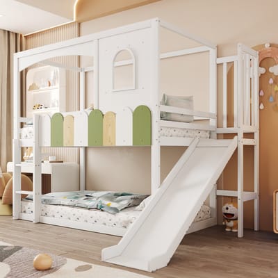 Wishdor Kinderstapelbed - 90x200 cm - Huisvorm Met Ramen, Glijbaan En Golvend Veiligheidshek - Voor Avontuurlijke Kids - Wit