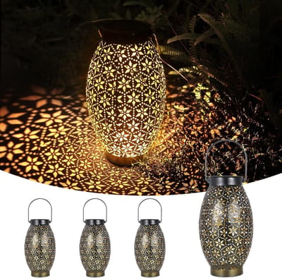 Zonne-lantaarns voor buiten - 4 stuks LED hanglampen, IP65 waterdicht, metalen oosterse tuinverlichting met warm wit licht voor balkon en veranda