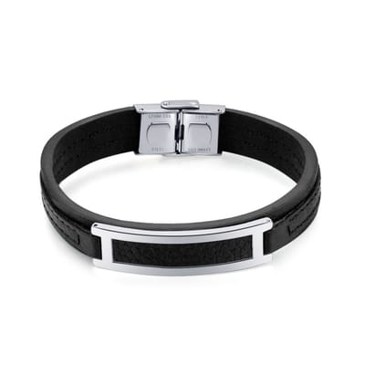 Twice As Nice Armband in edelstaal, zwart leder, centraal motief 21cm