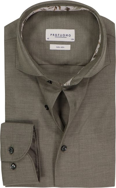 Profuomo slim fit heren overhemd - twill - olijfgroen melange - Strijkvriendelijk - Boordmaat: 44