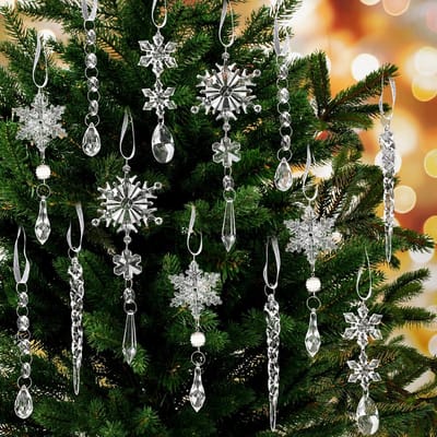 Dailygoods- Kerstboomdecoratie 18 stuks - Acryl ornamenten - Sneeuwvlokken/ijspegels - Kristallen kralen slingers - Duurzaam/onbreekbaar - Geschikt voor binnen/buiten - Kerstversiering