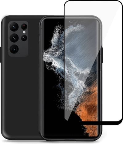 Geschikt voor Samsung S22 Ultra Hoesje + Screenprotector – Beschermglas Cover - Suède Case Zwart